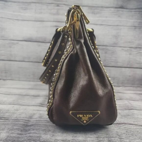 Authentic PRADA Glace Calf Brown Studded Tote Bag w/Dust Cover and COA BL0616 - Picture 3 of 4